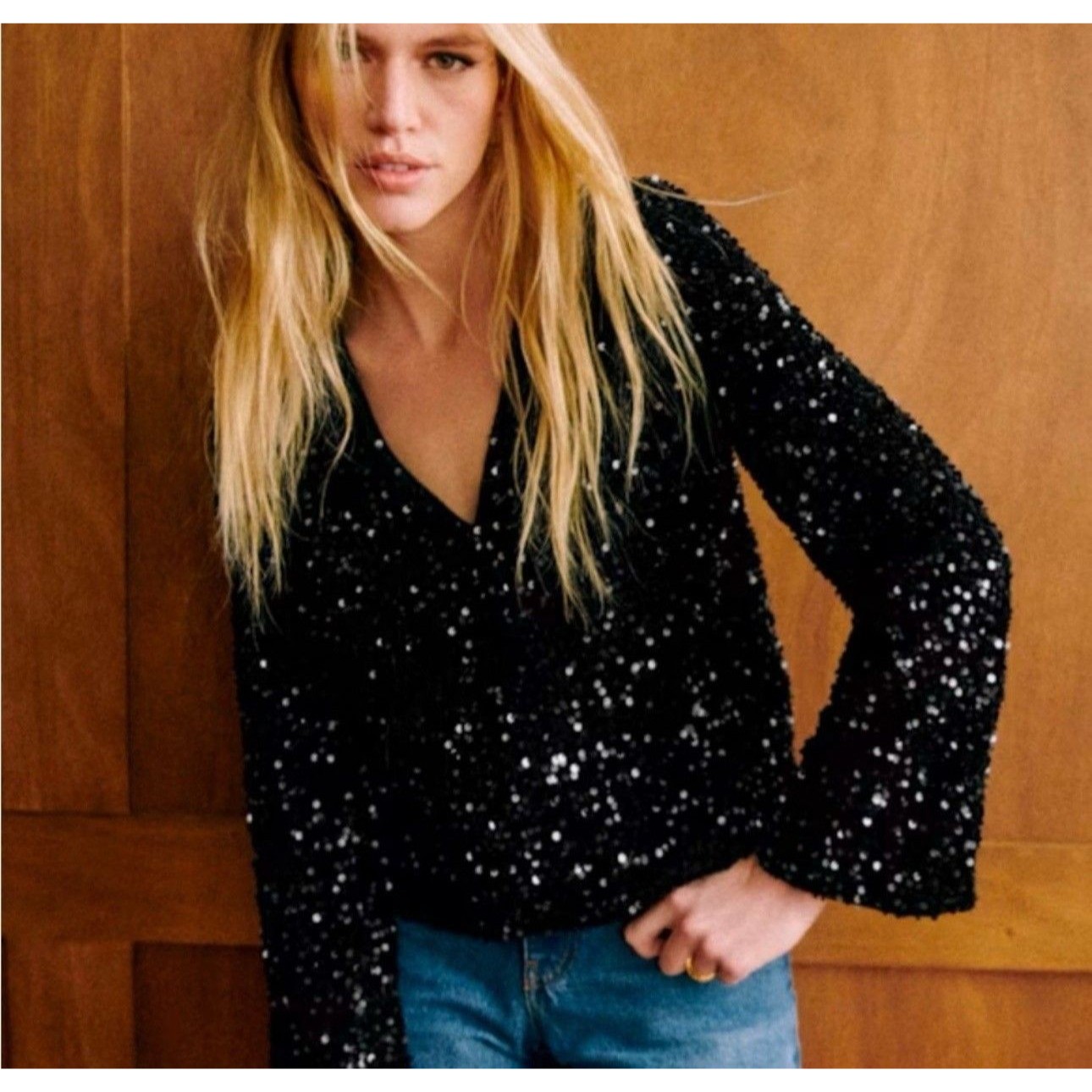 Sezane Black Sequin Long Sleeve V-Neck Top Blouse Size 38 Us 6 Lined